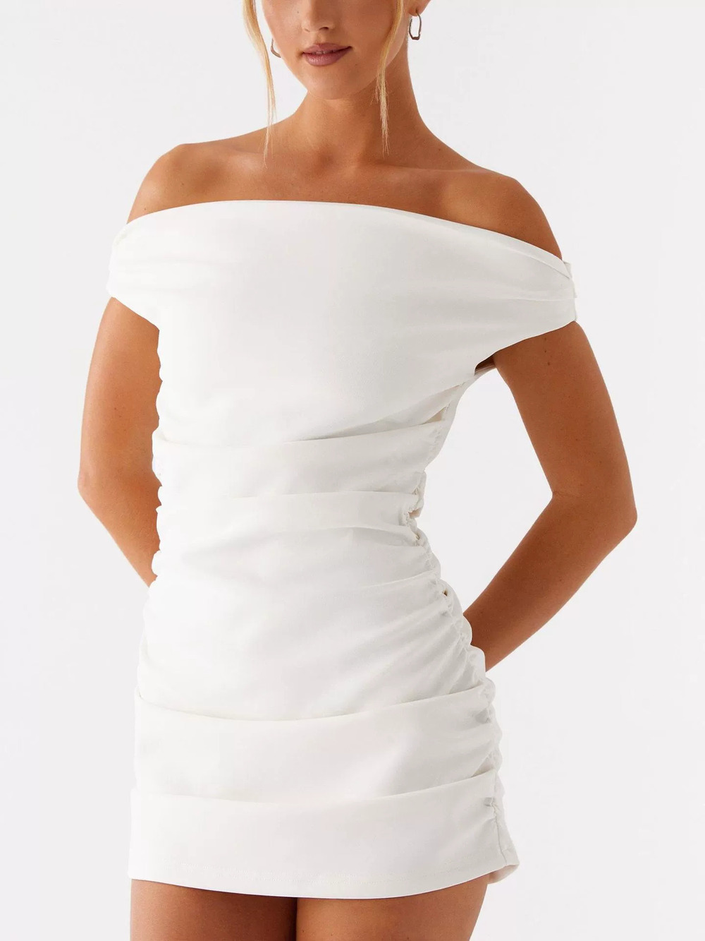 Zara White Off Shoulder Bodycon Mini Dress Pleated Waist